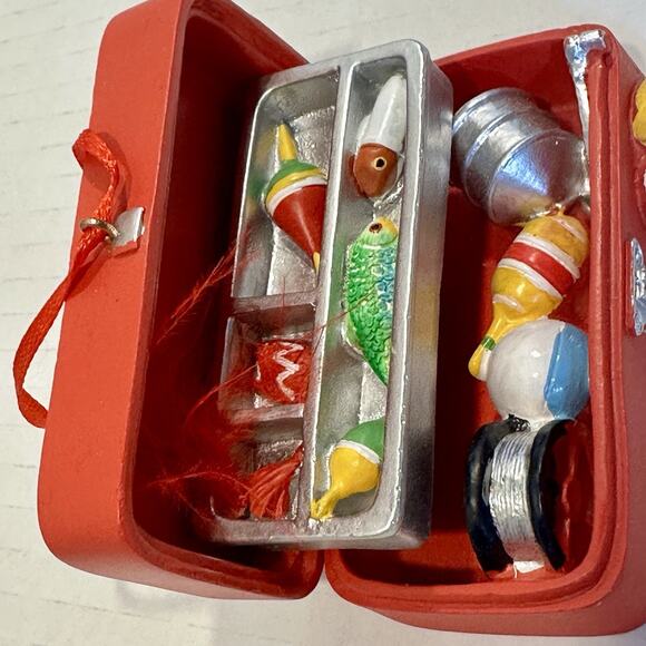 Miniature Fishing Tackle Box Ornament Red Resin Bobbers Lures Fish Decor 3.5" - Picture 6 of 9